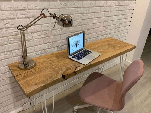 Biurko/ konsola z blatem drewnianym jesionowym na białych stalowych nogach